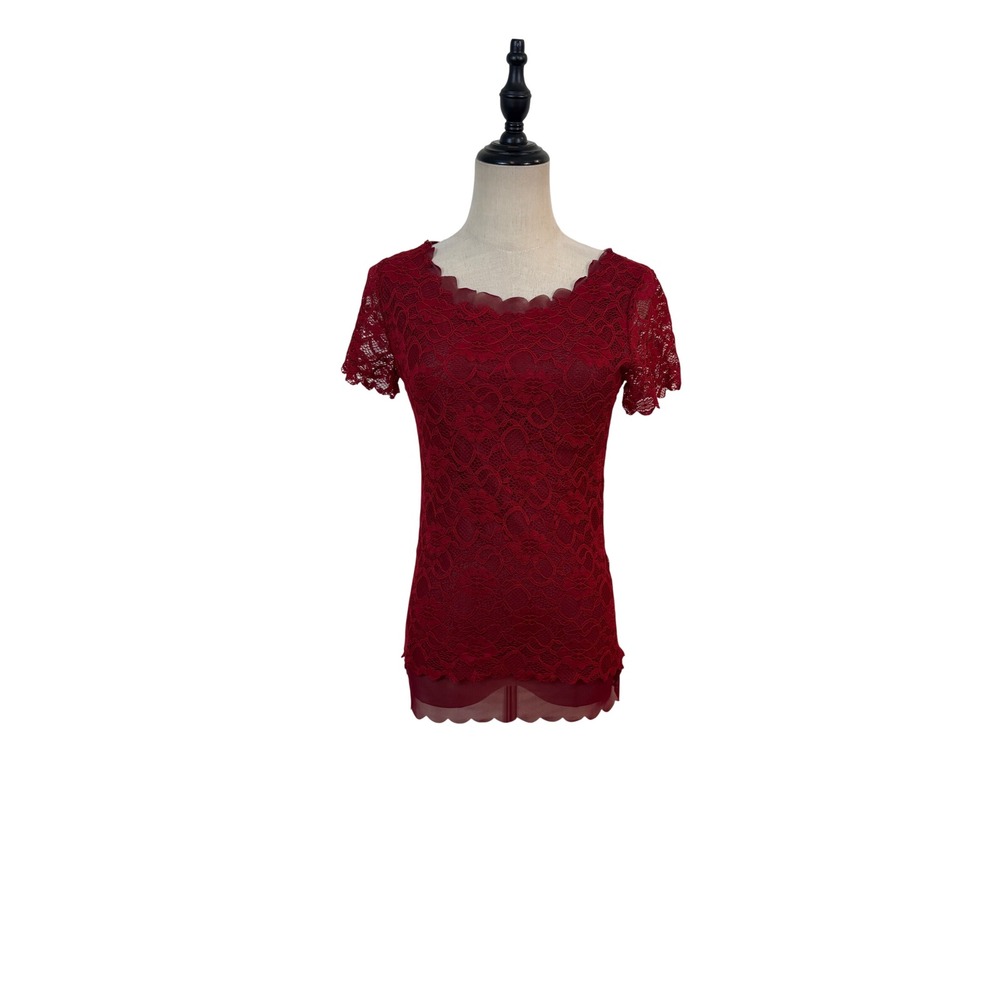 Mesh Lace Top Womens Small Burgundy Red Scalloped Floral Romantic Whimsigoth y2k